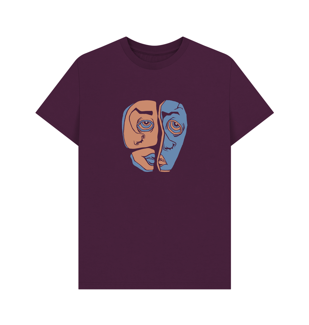 Maroon t-shirt with split face graphic