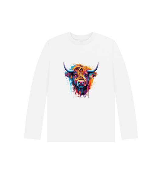White long-sleeved t-shirt with colorful Highland cow graphic