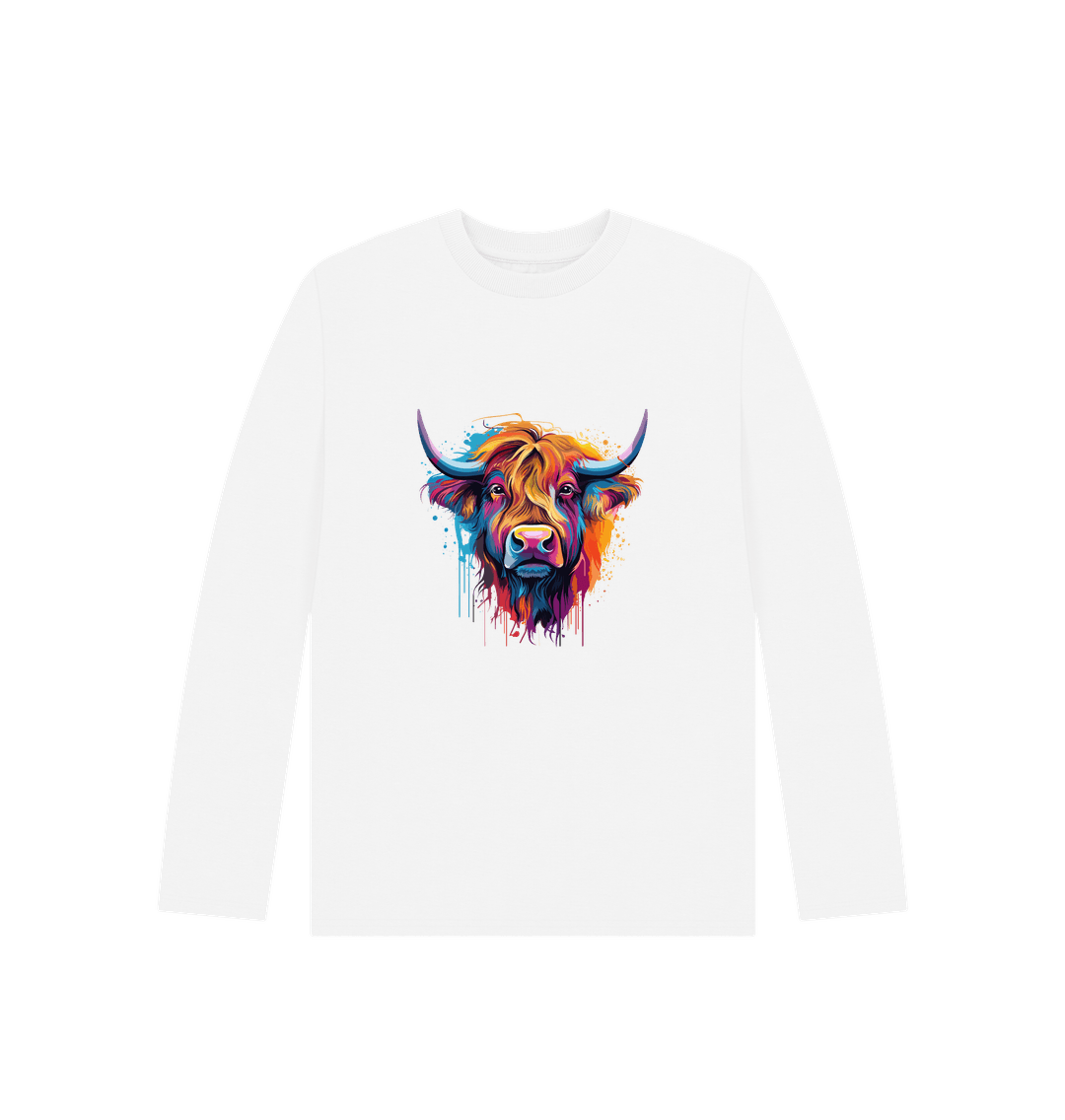 White long-sleeved t-shirt with colorful Highland cow graphic