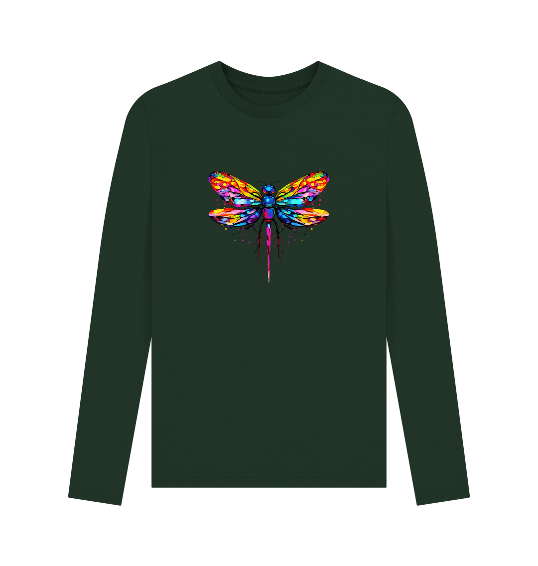 Dark green long-sleeved shirt with colorful dragonfly design