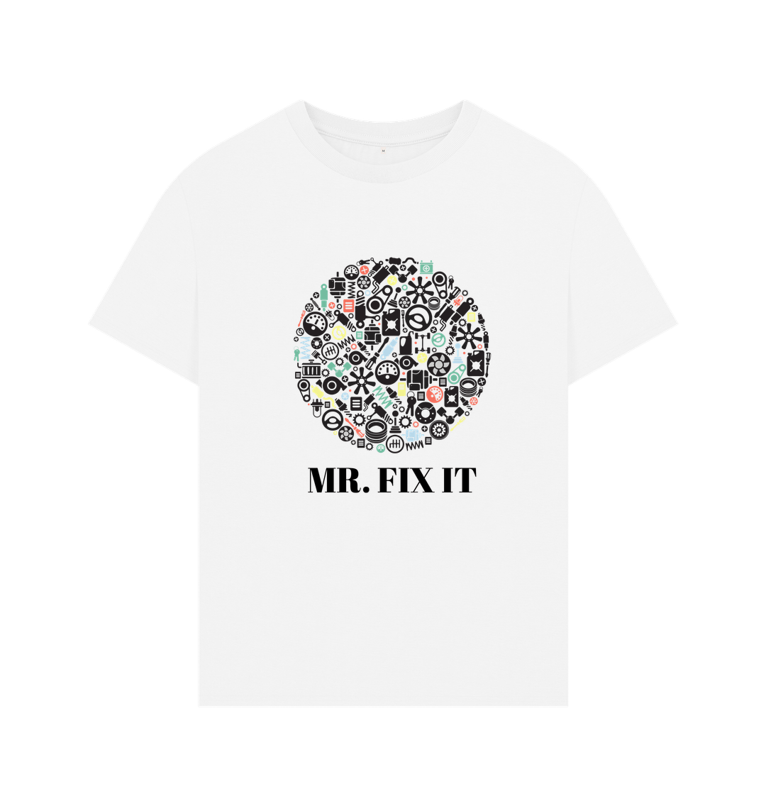 White t-shirt with "Mr. Fix It" text and gear design