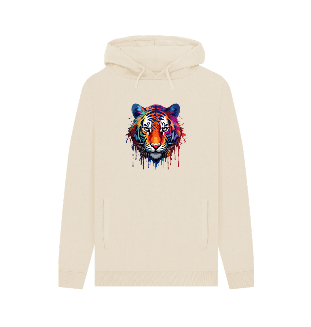 Cream hoodie with colorful tiger graphic