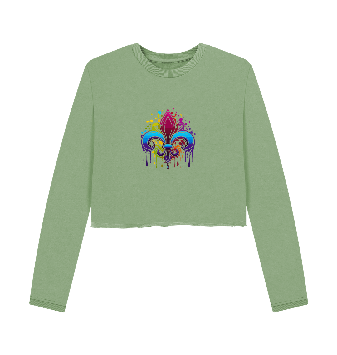 Green cropped sweatshirt with colorful fleur-de-lis design