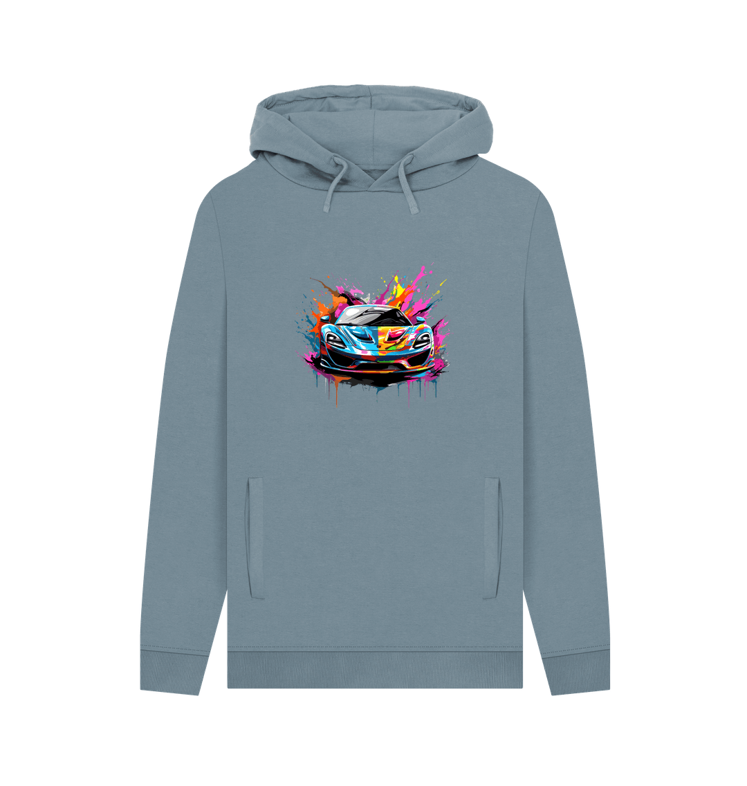 Blue hoodie with colorful car graphic
