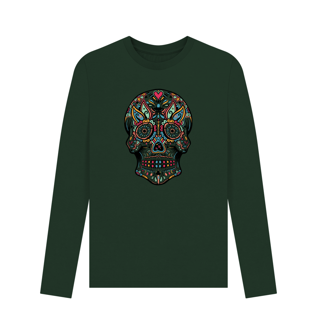Green long-sleeved t-shirt with colorful skull design