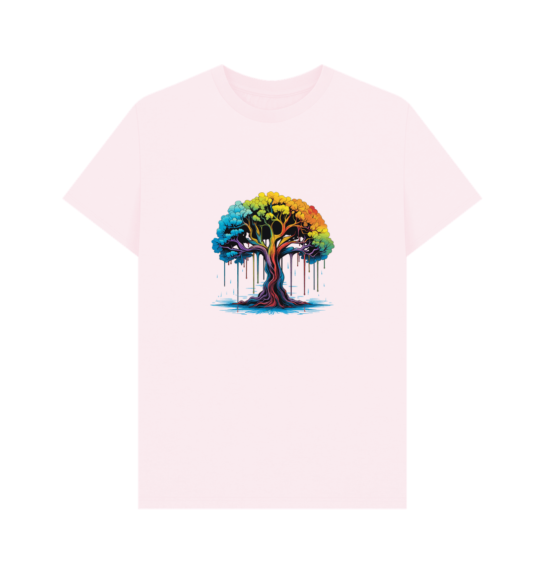 Pink t-shirt with colorful dripping tree design