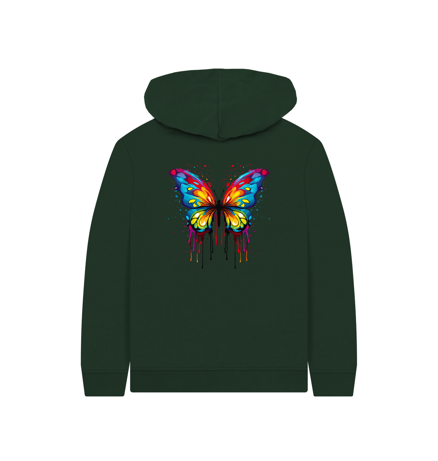 Dark green hoodie with colorful butterfly design
