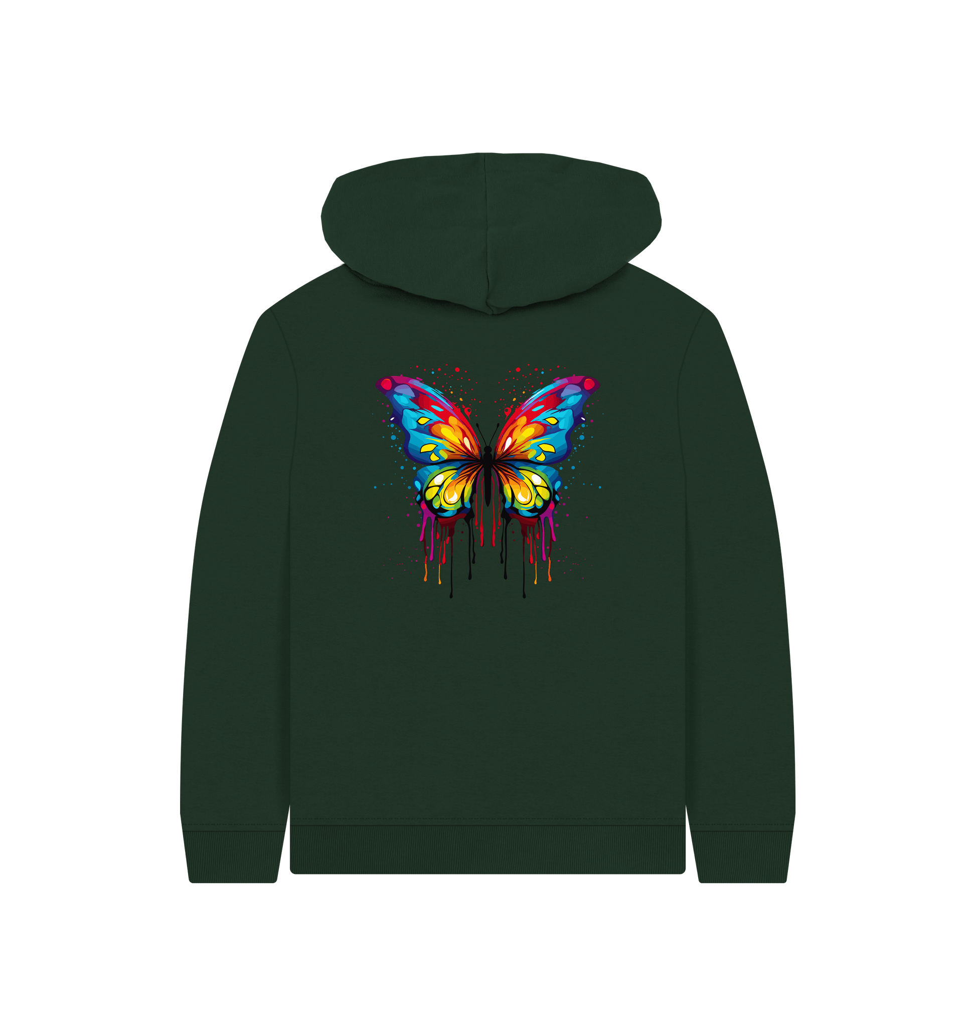 Dark green hoodie with colorful butterfly design