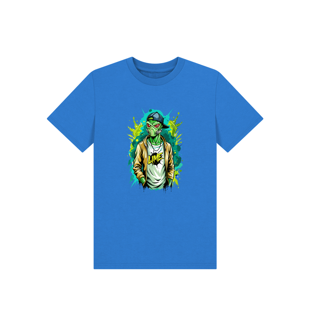 Blue t-shirt with green alien graphic