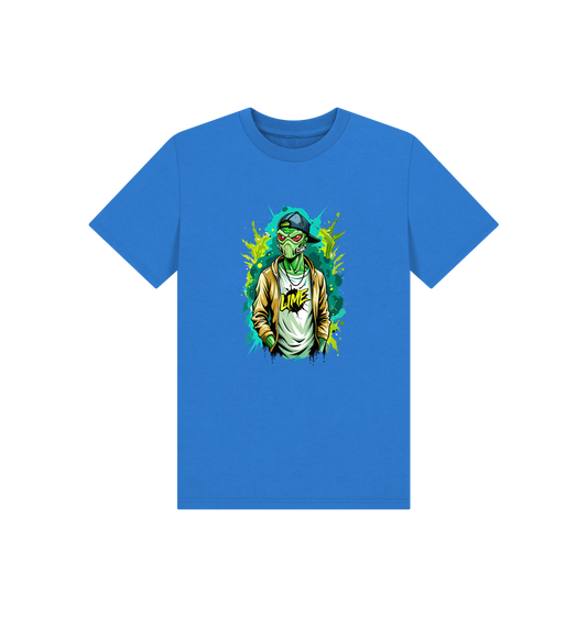 Blue t-shirt with green alien graphic