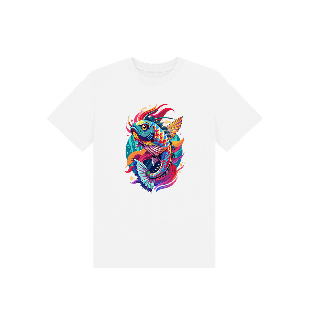 White t-shirt with colorful fish design