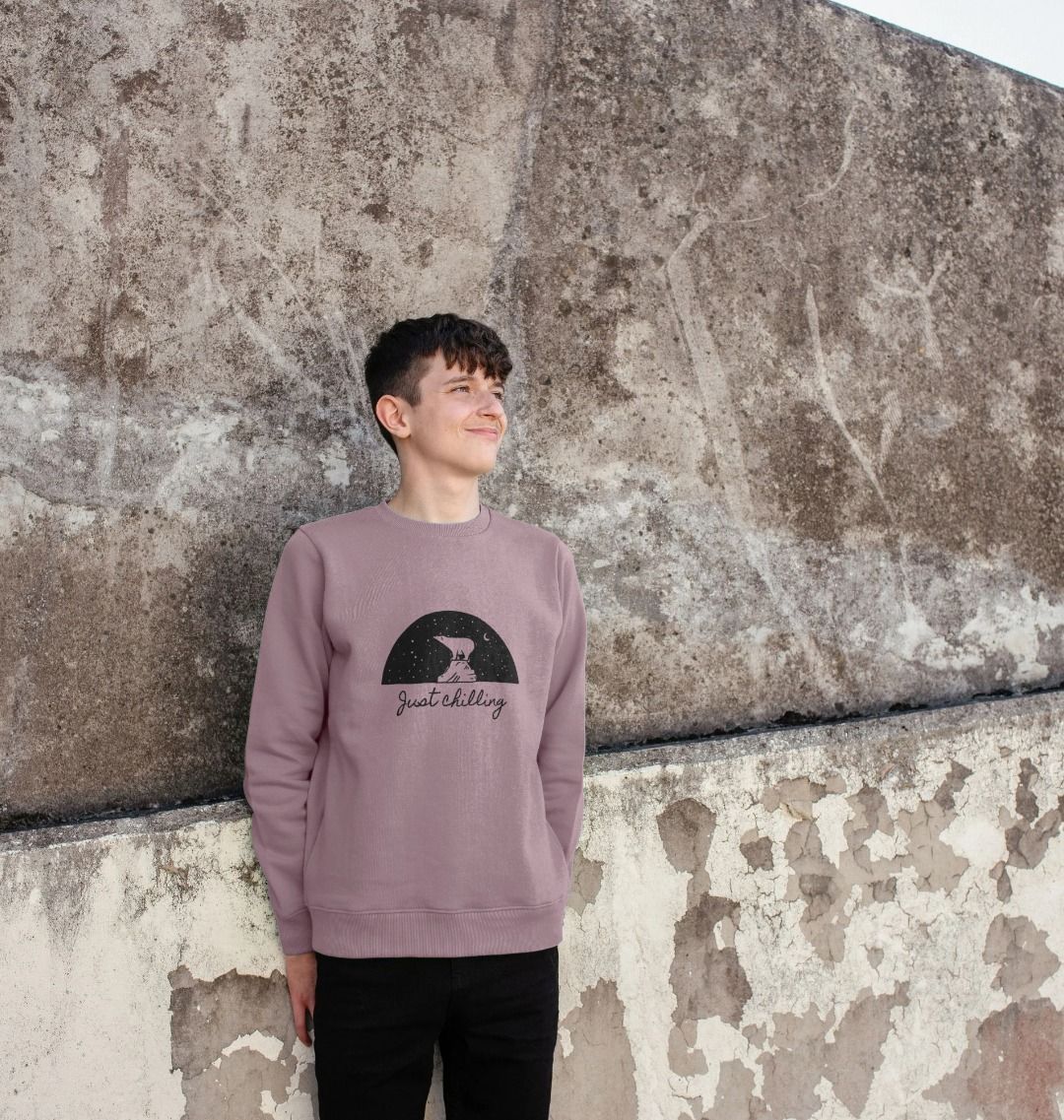 Purple sweatshirt with "Just Chilling" graphic (person)