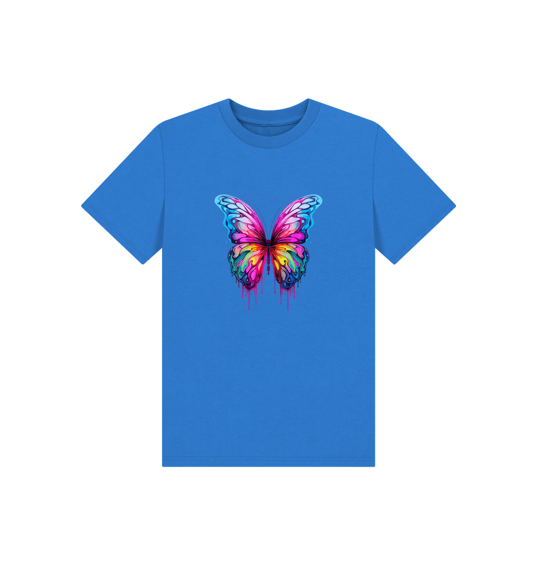 Blue t-shirt with colorful butterfly design