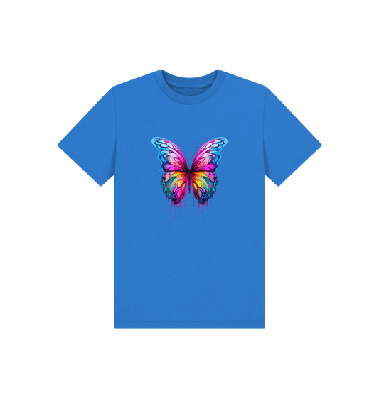 Blue t-shirt with colorful butterfly design