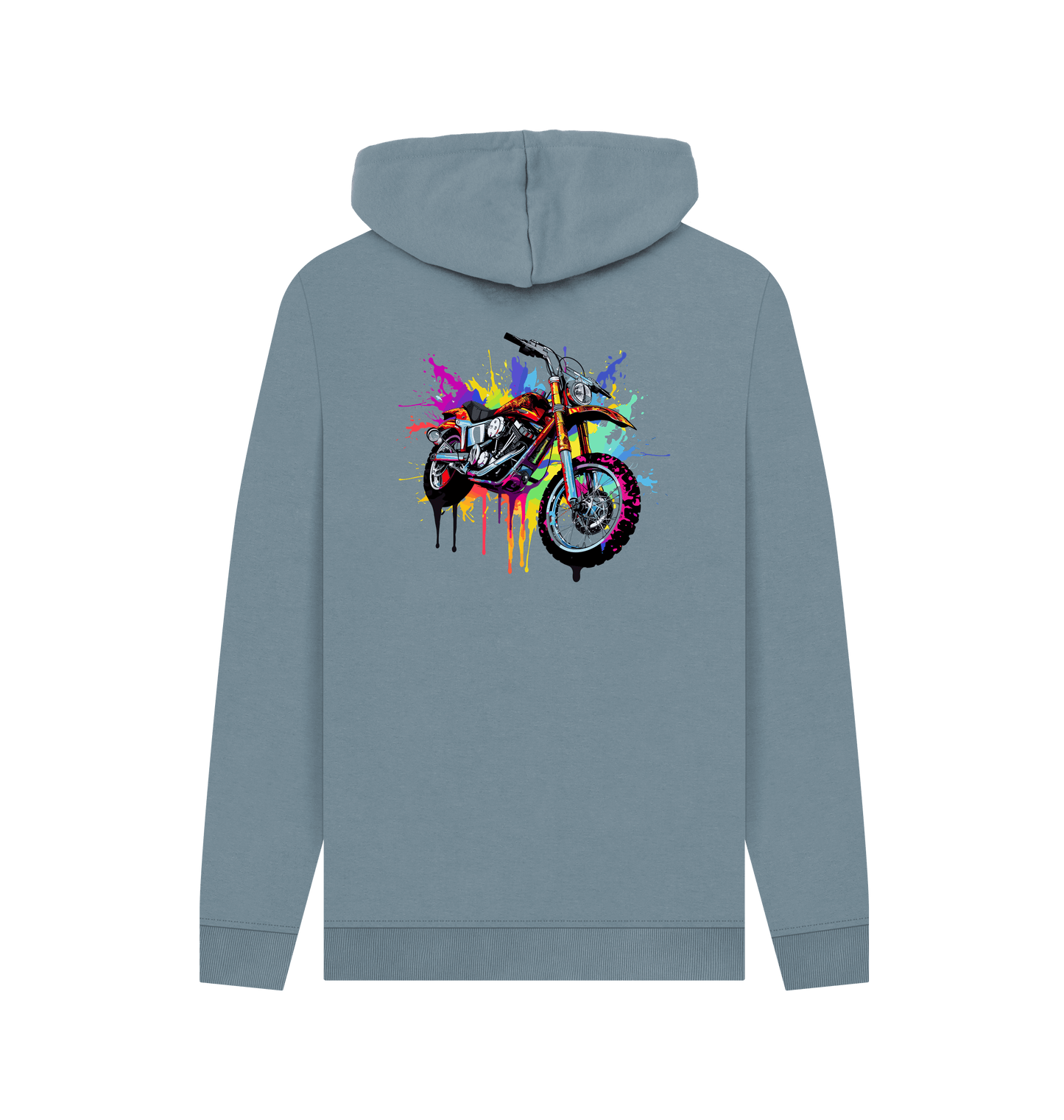 Light blue hoodie with colorful motorcycle graphic