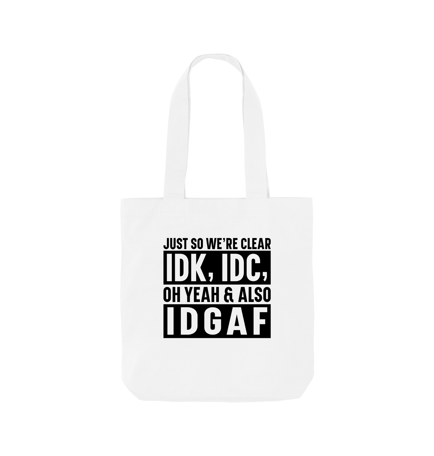 White tote bag with text design