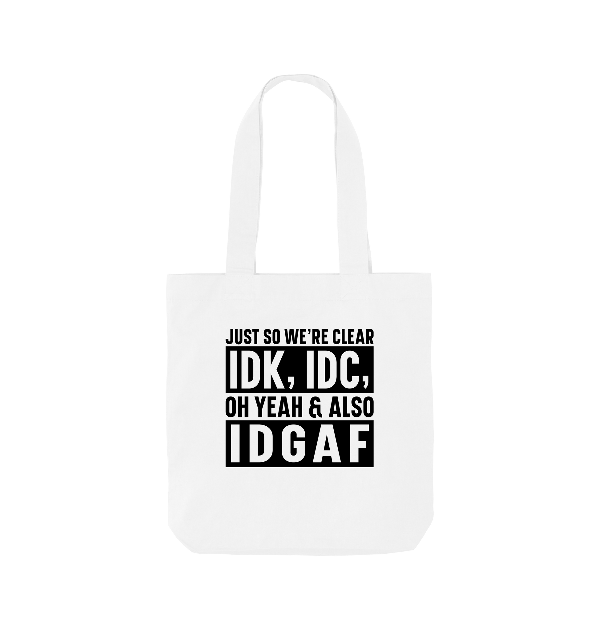 White tote bag with text design