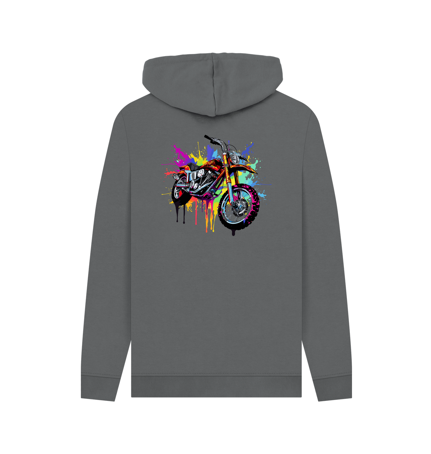 Gray hoodie with colorful motorcycle graphic