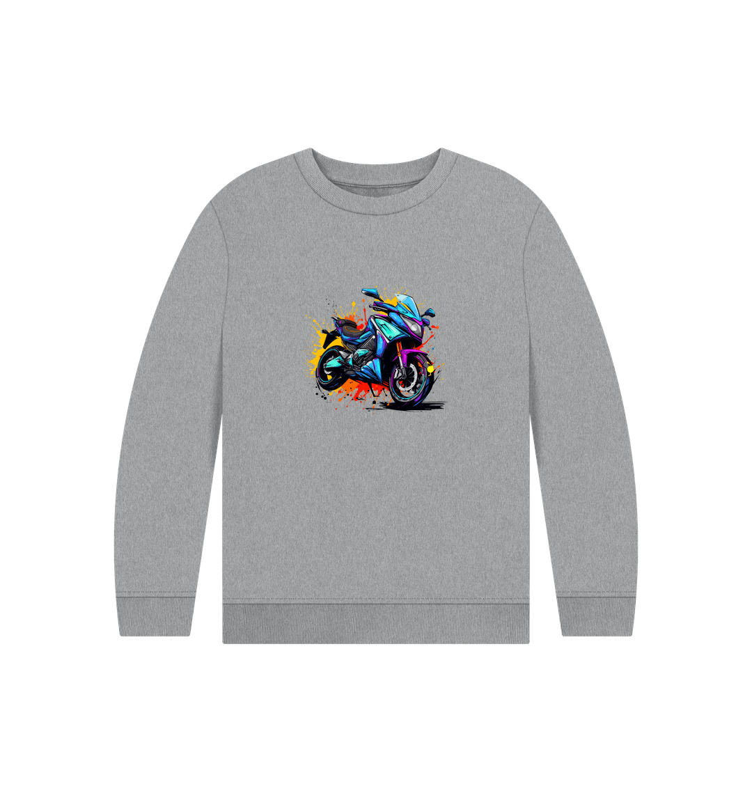 Gray sweatshirt with colorful motorcycle graphic