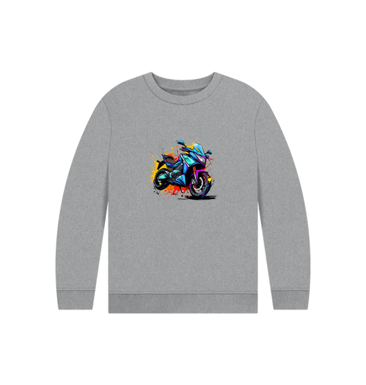 Gray sweatshirt with colorful motorcycle graphic
