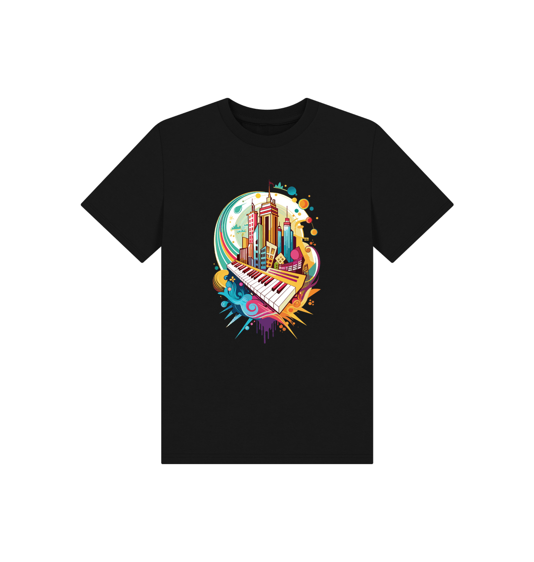 Black t-shirt with colorful cityscape and piano graphic