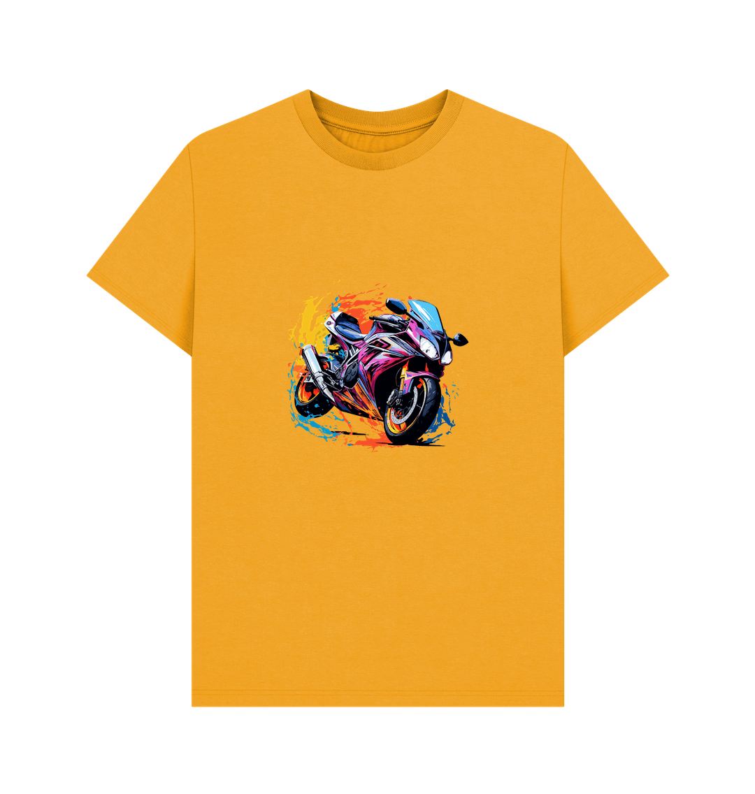 Yellow t-shirt with colorful motorcycle graphic