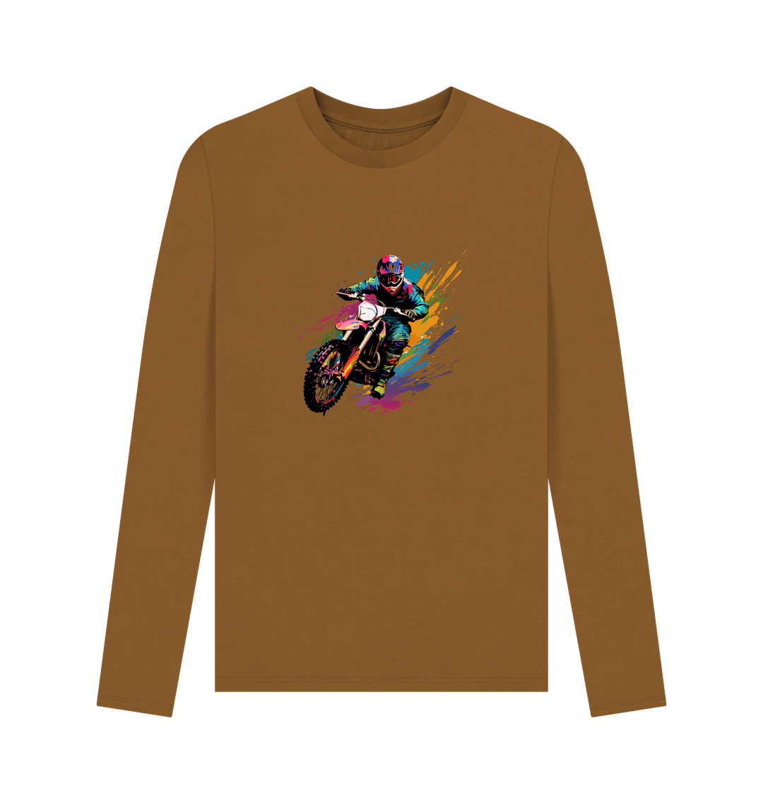 Brown long-sleeved t-shirt with dirt bike graphic