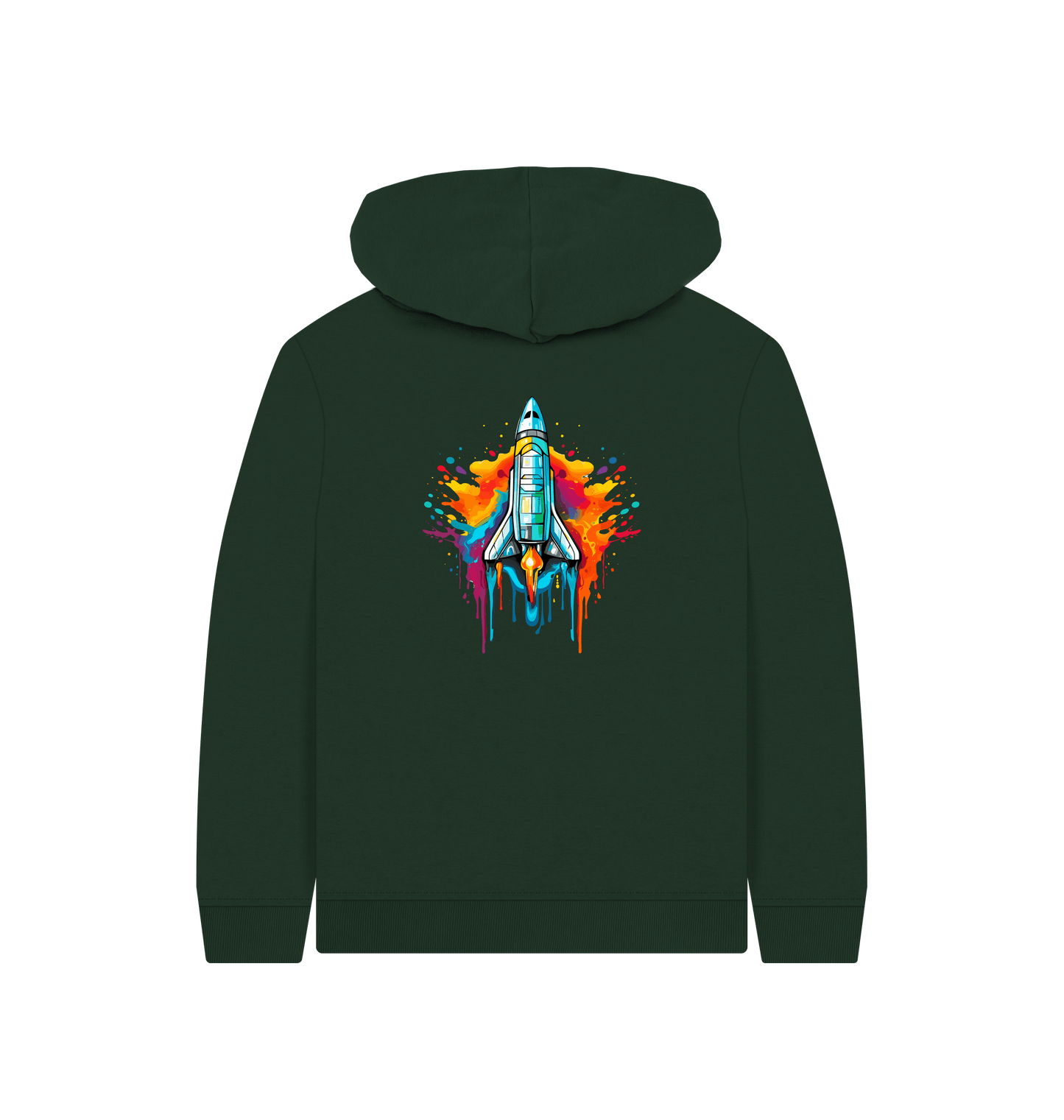 Dark green hoodie with colorful rocket graphic