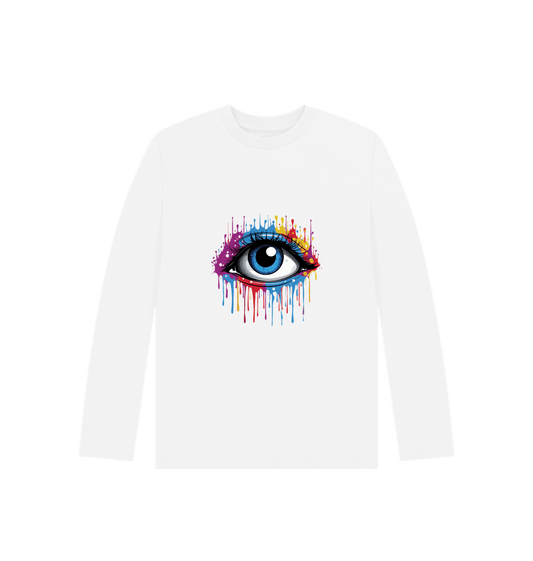 White long-sleeved t-shirt with colorful eye graphic