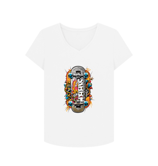 White V-neck t-shirt with skateboard graphic