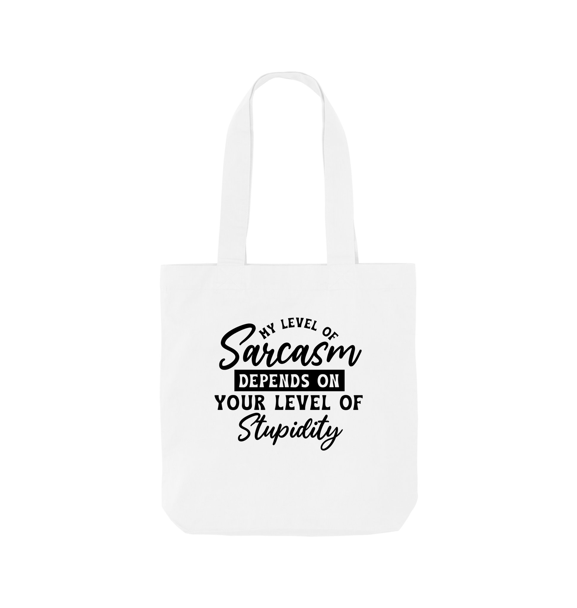 White tote bag with text design