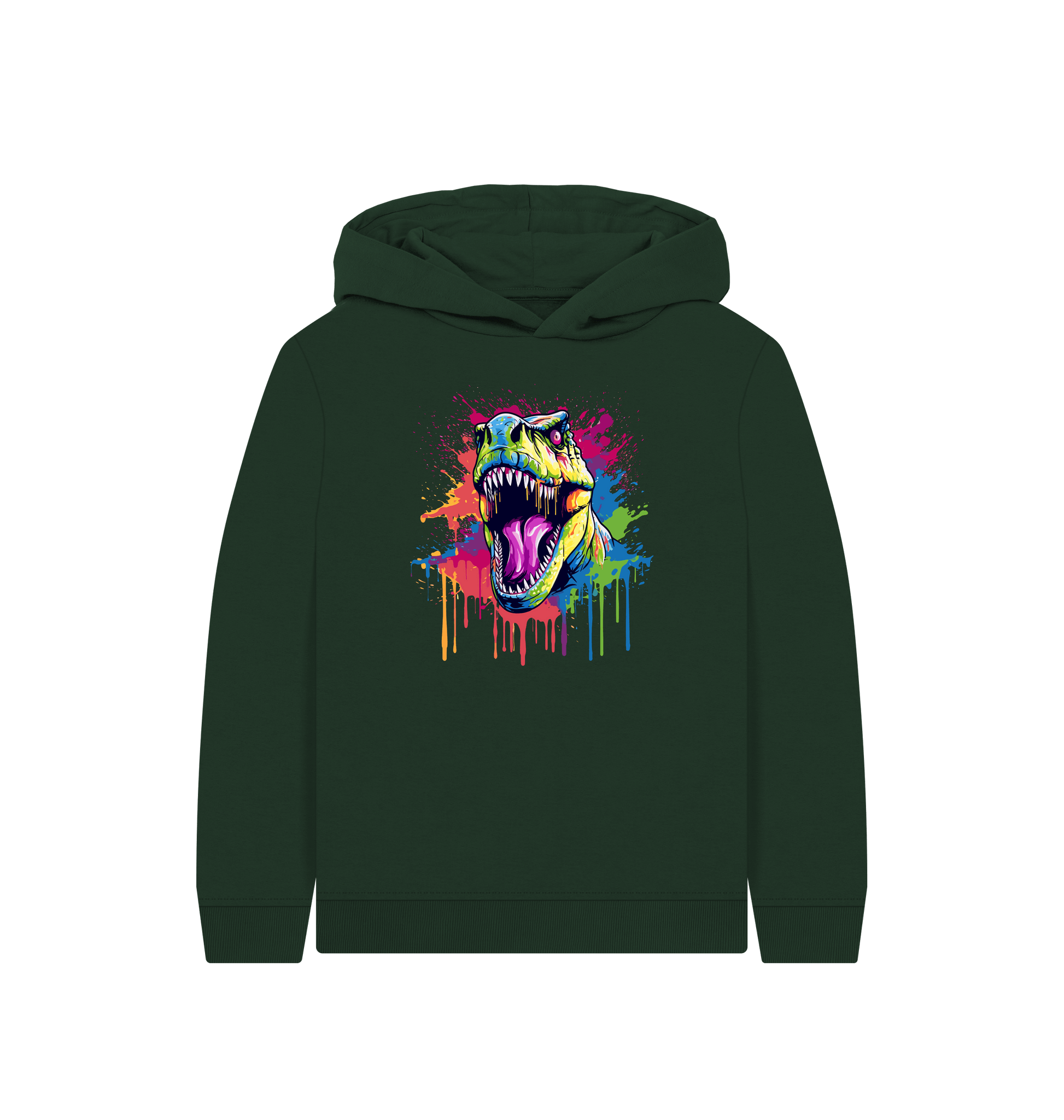 Green hoodie with colorful dinosaur graphic