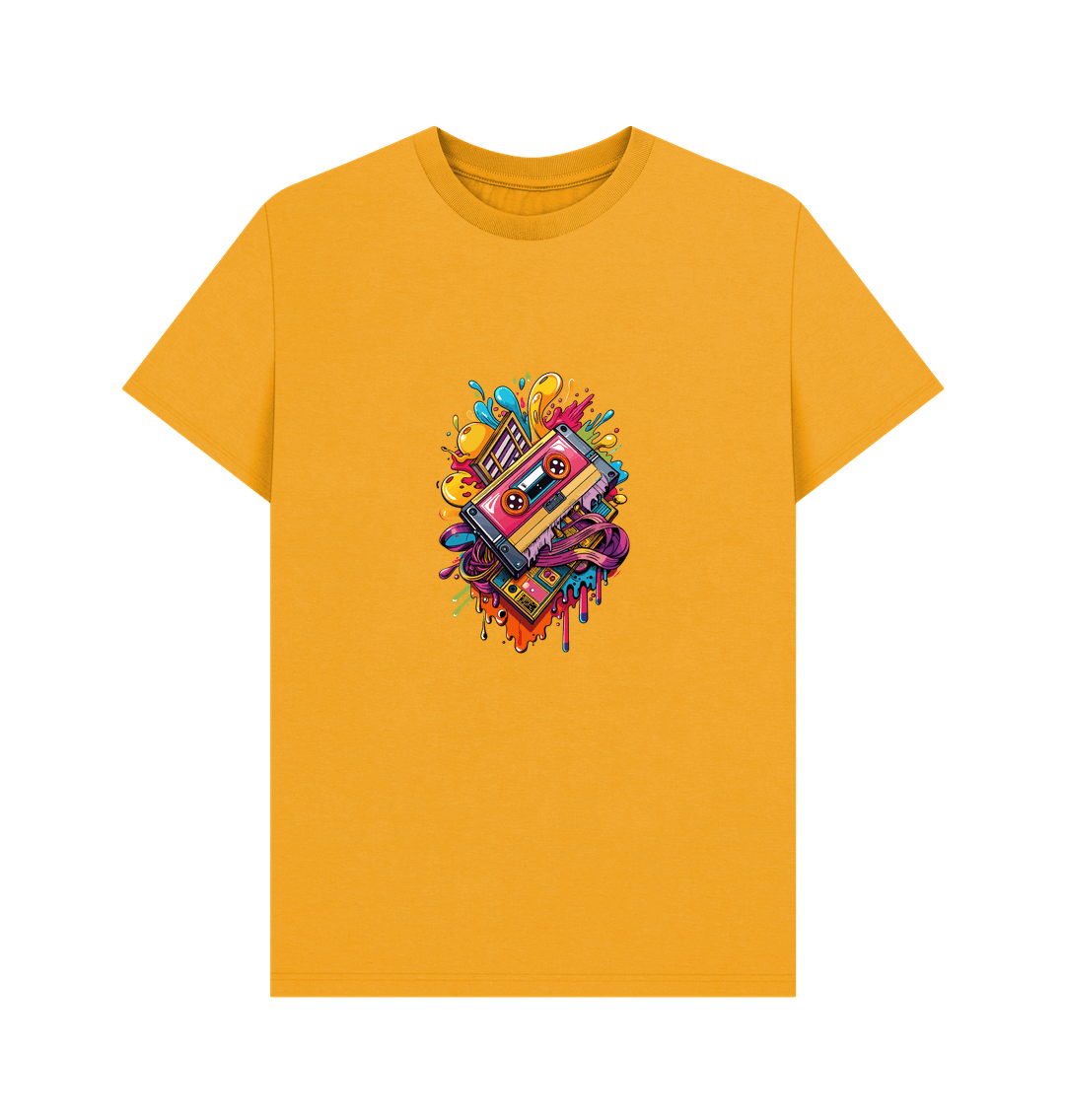 Yellow t-shirt with colorful cassette tape design