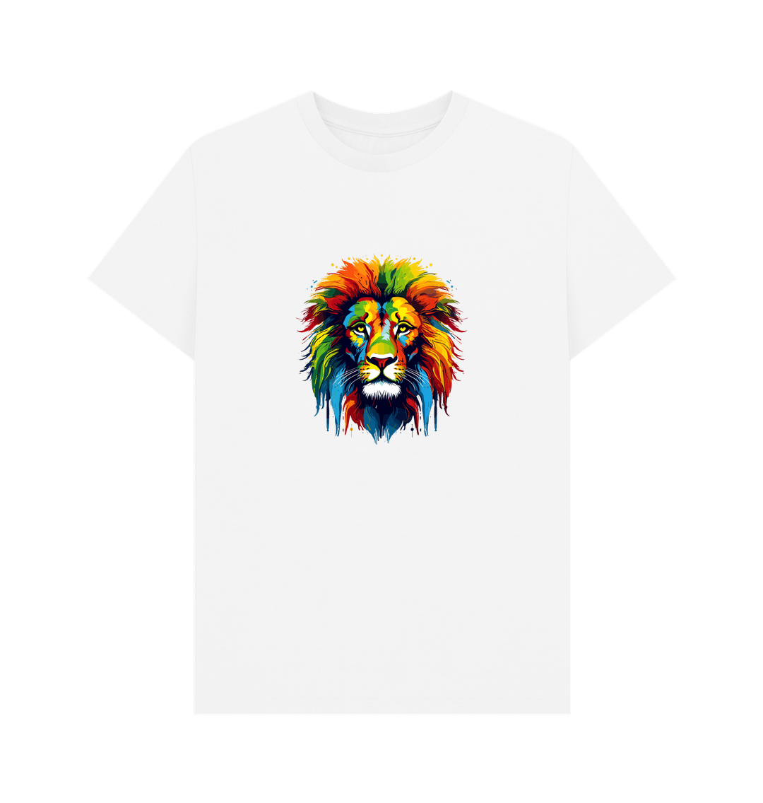 White t-shirt with colorful lion graphic