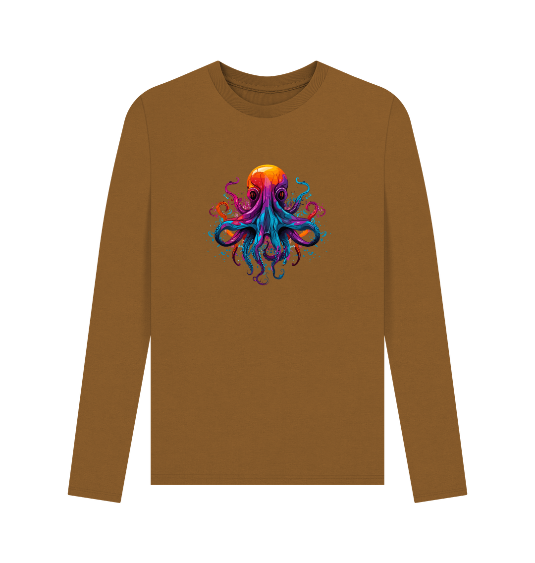 Brown long-sleeved t-shirt with octopus graphic
