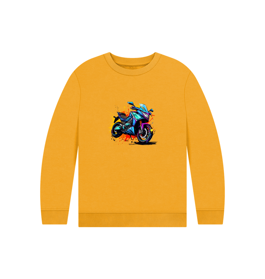 Yellow sweatshirt with motorcycle graphic