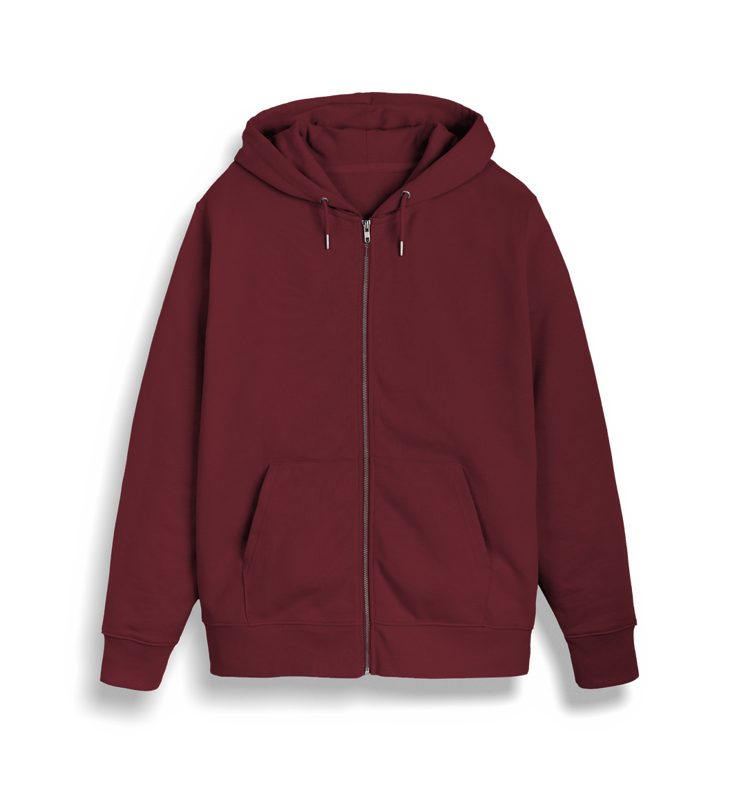Maroon zip-up hoodie with black trim