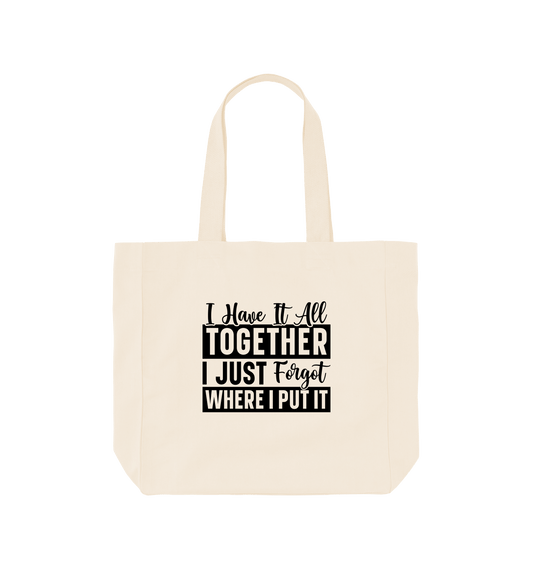 White tote bag with text design