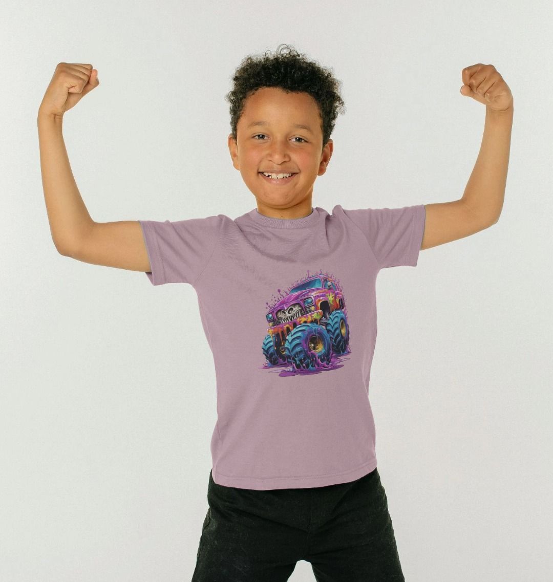 Purple t-shirt with monster truck graphic (person)