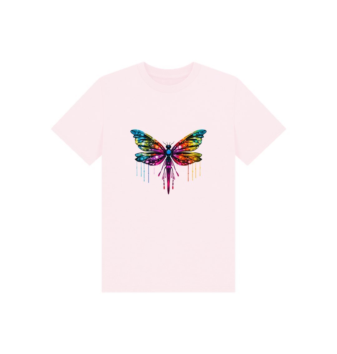 White t-shirt with colorful butterfly design