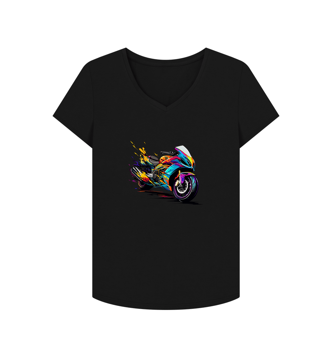 Black V-neck t-shirt with colorful motorcycle graphic