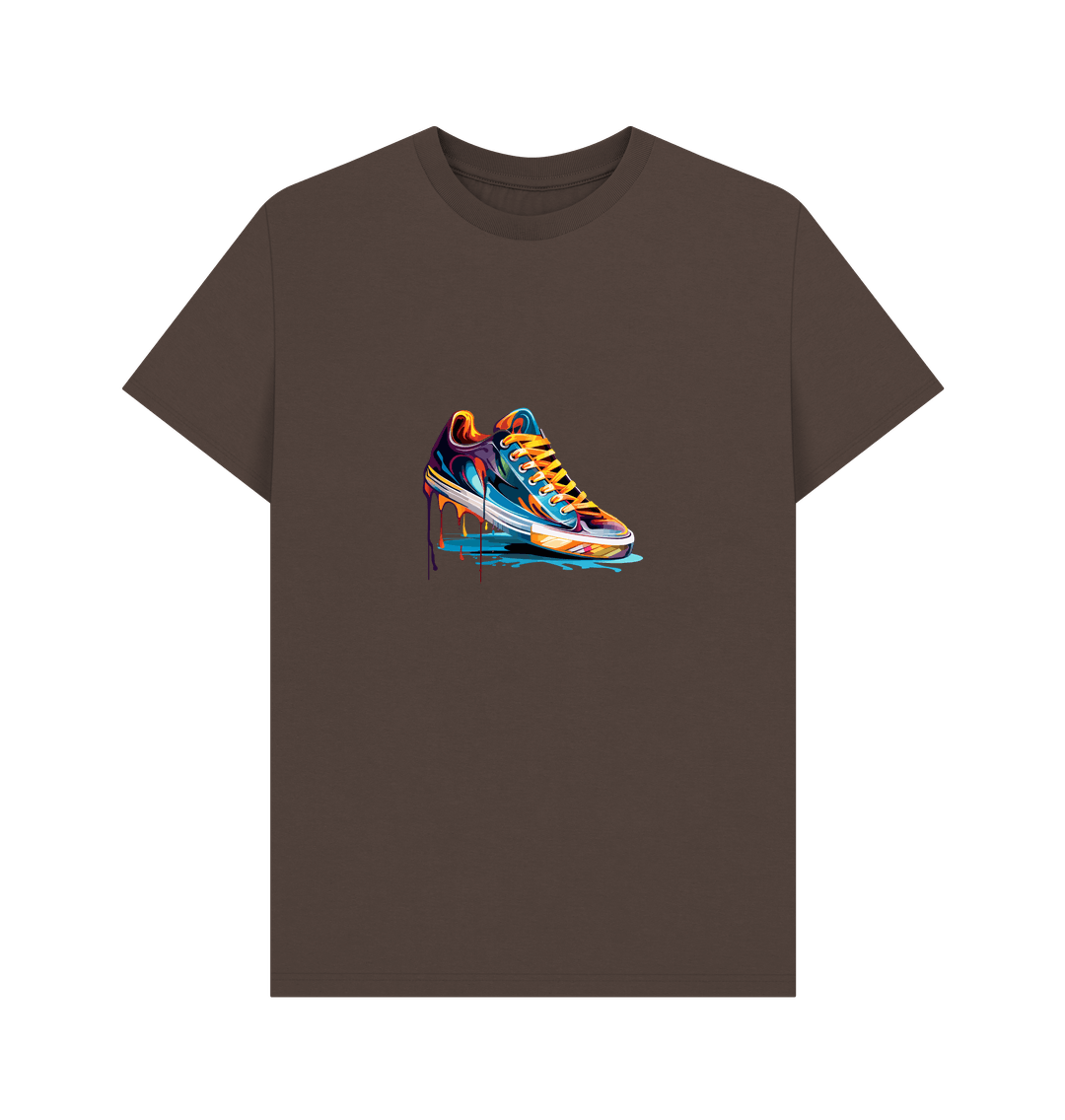 Brown t-shirt with colorful sneaker graphic