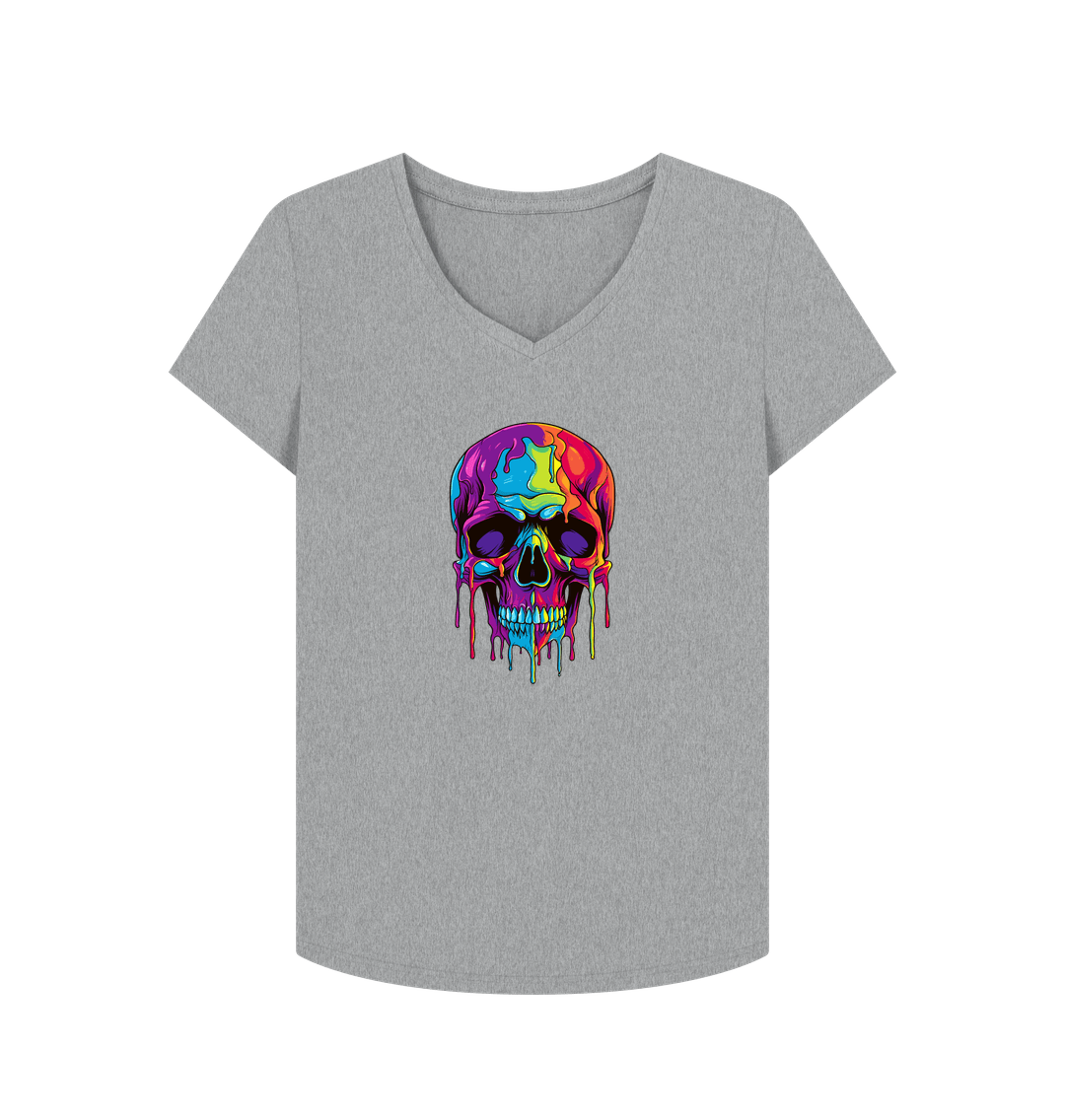 Gray V-neck t-shirt with colorful skull design