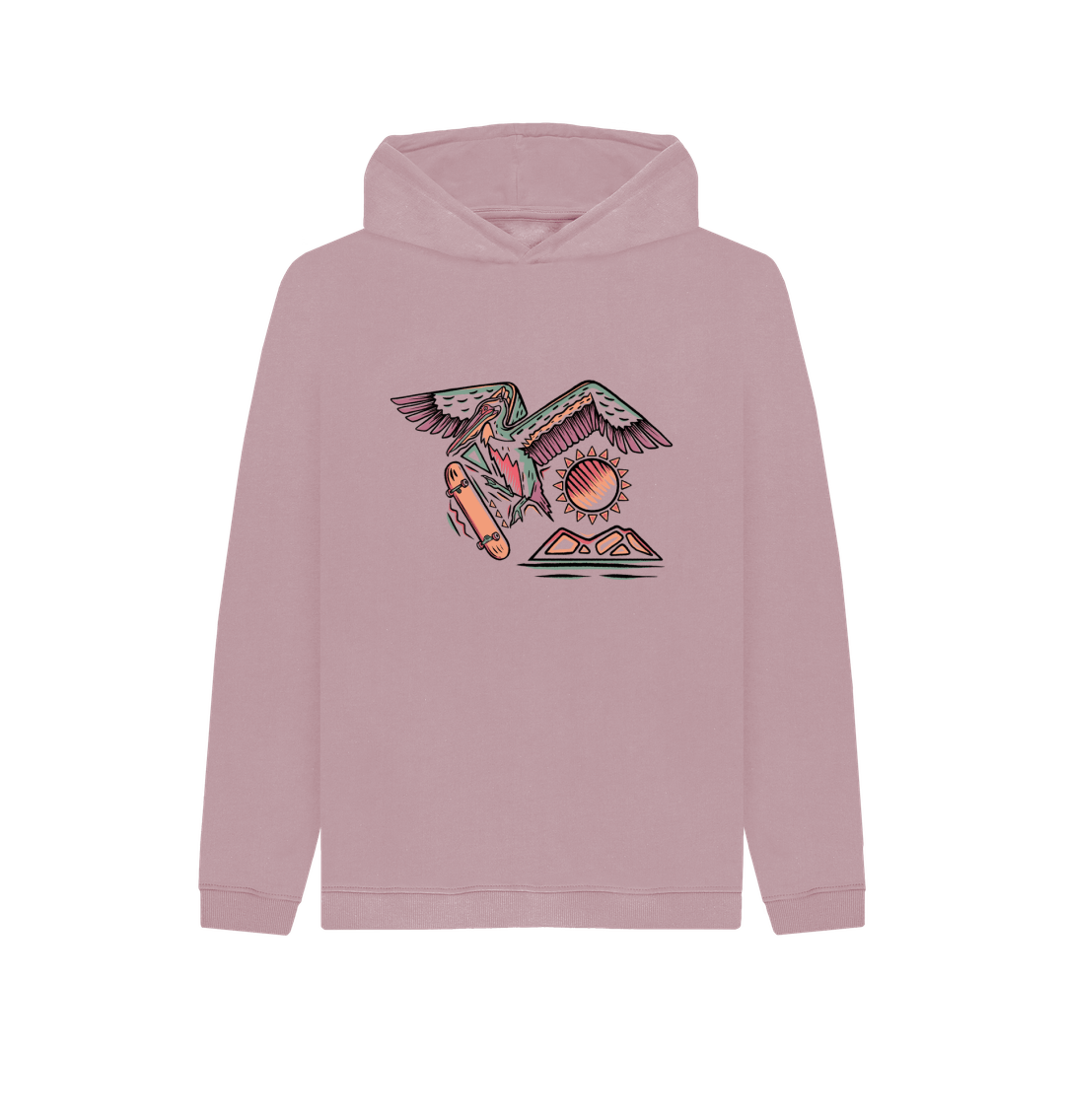 Pink hoodie with bird and skateboard design