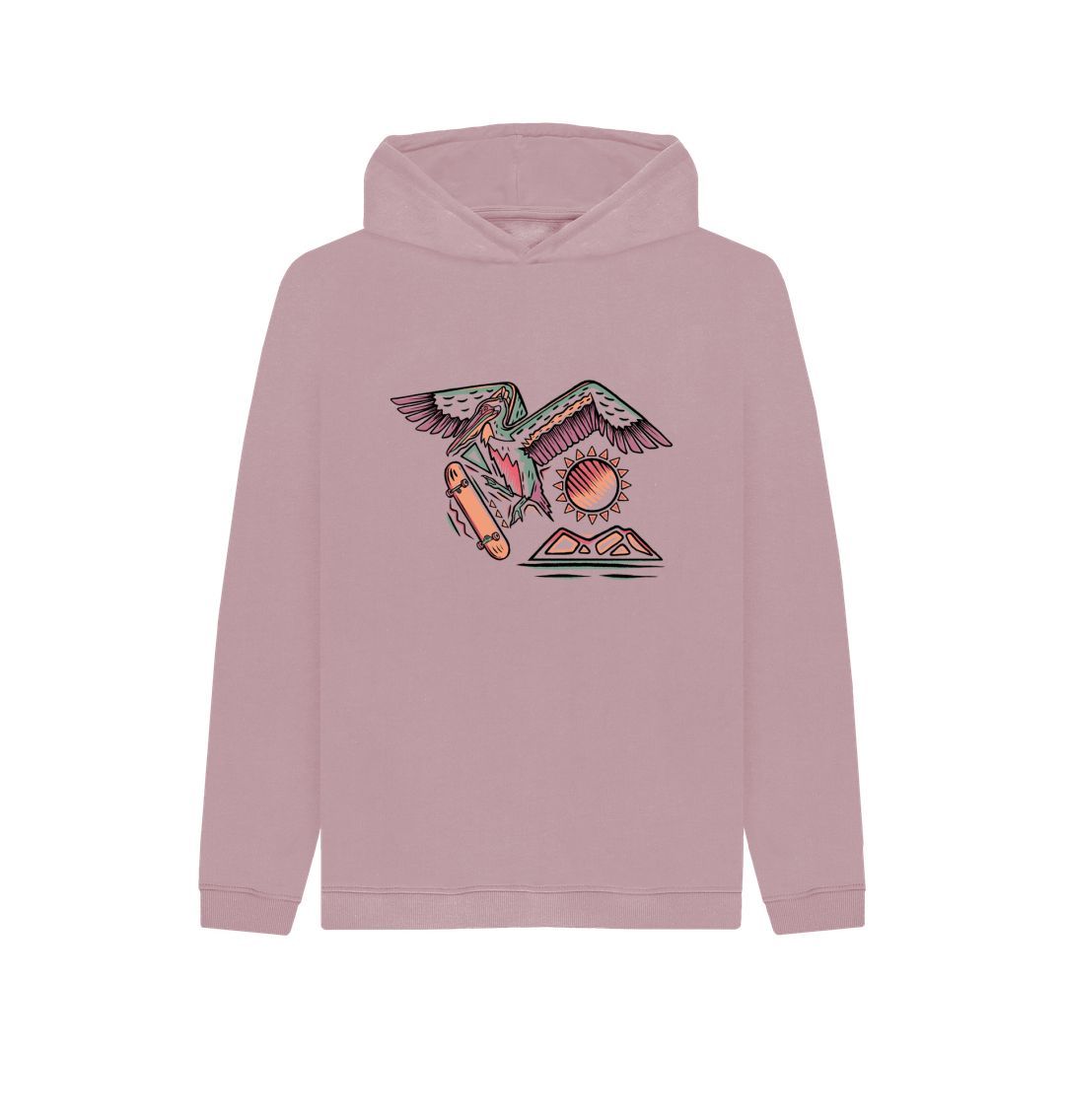Pink hoodie with bird and skateboard design