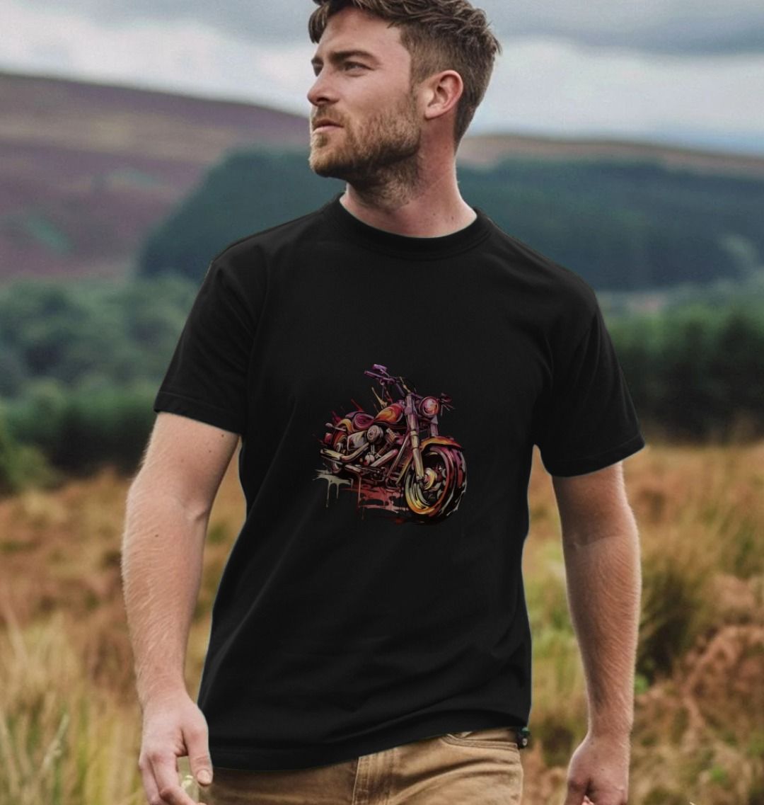Black t-shirt with motorcycle graphic (person)
