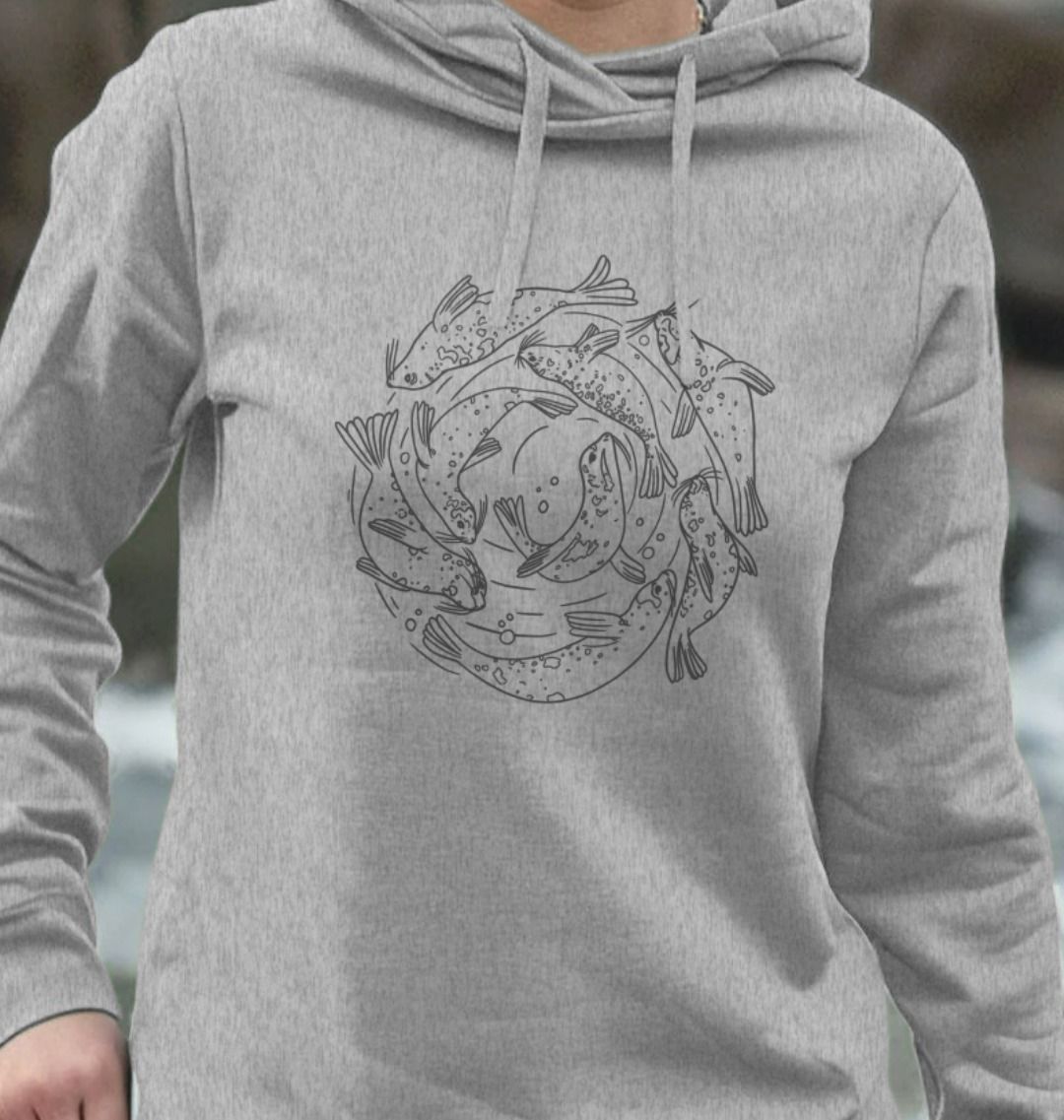 Gray hoodie with fish illustration (person)