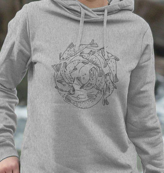 Gray hoodie with fish illustration (person)