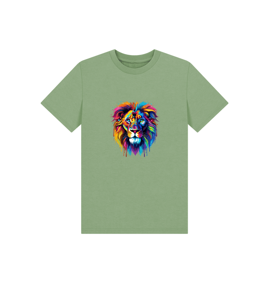 Green t-shirt with colorful lion graphic
