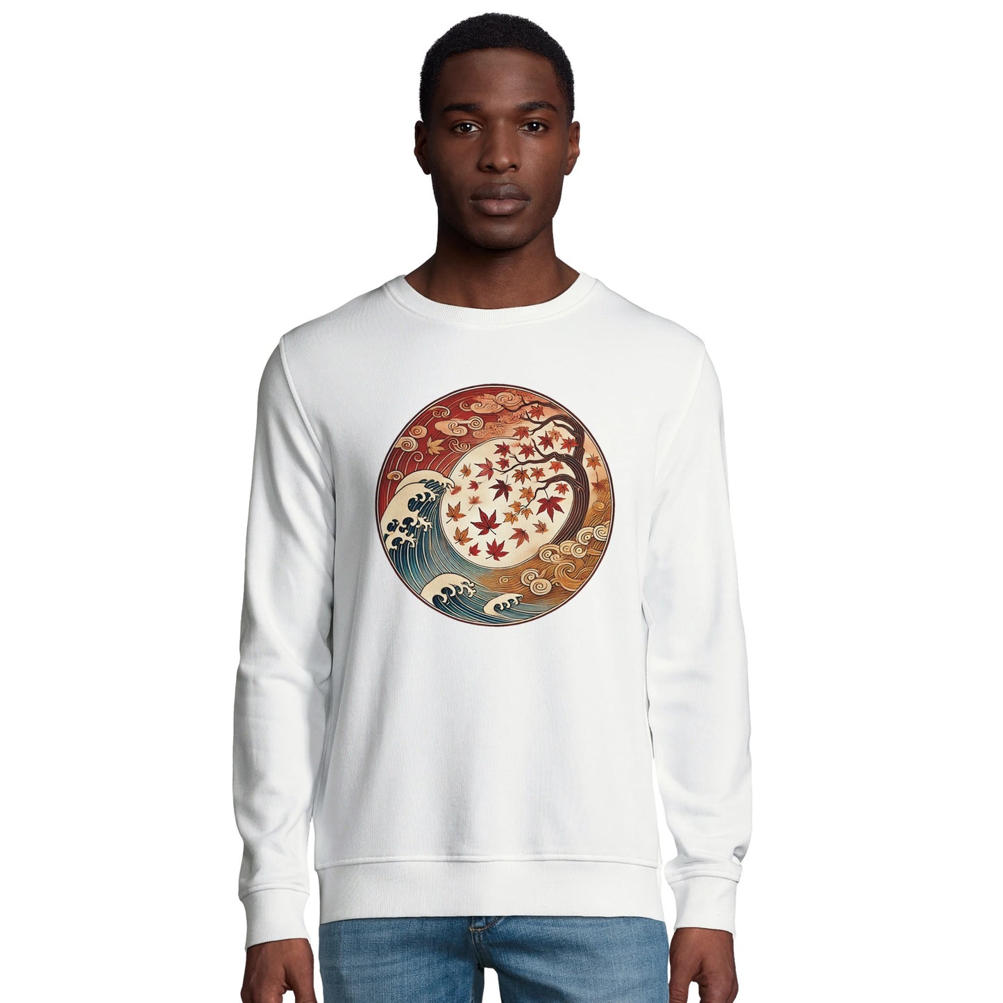White sweatshirt with autumn-themed design (person)